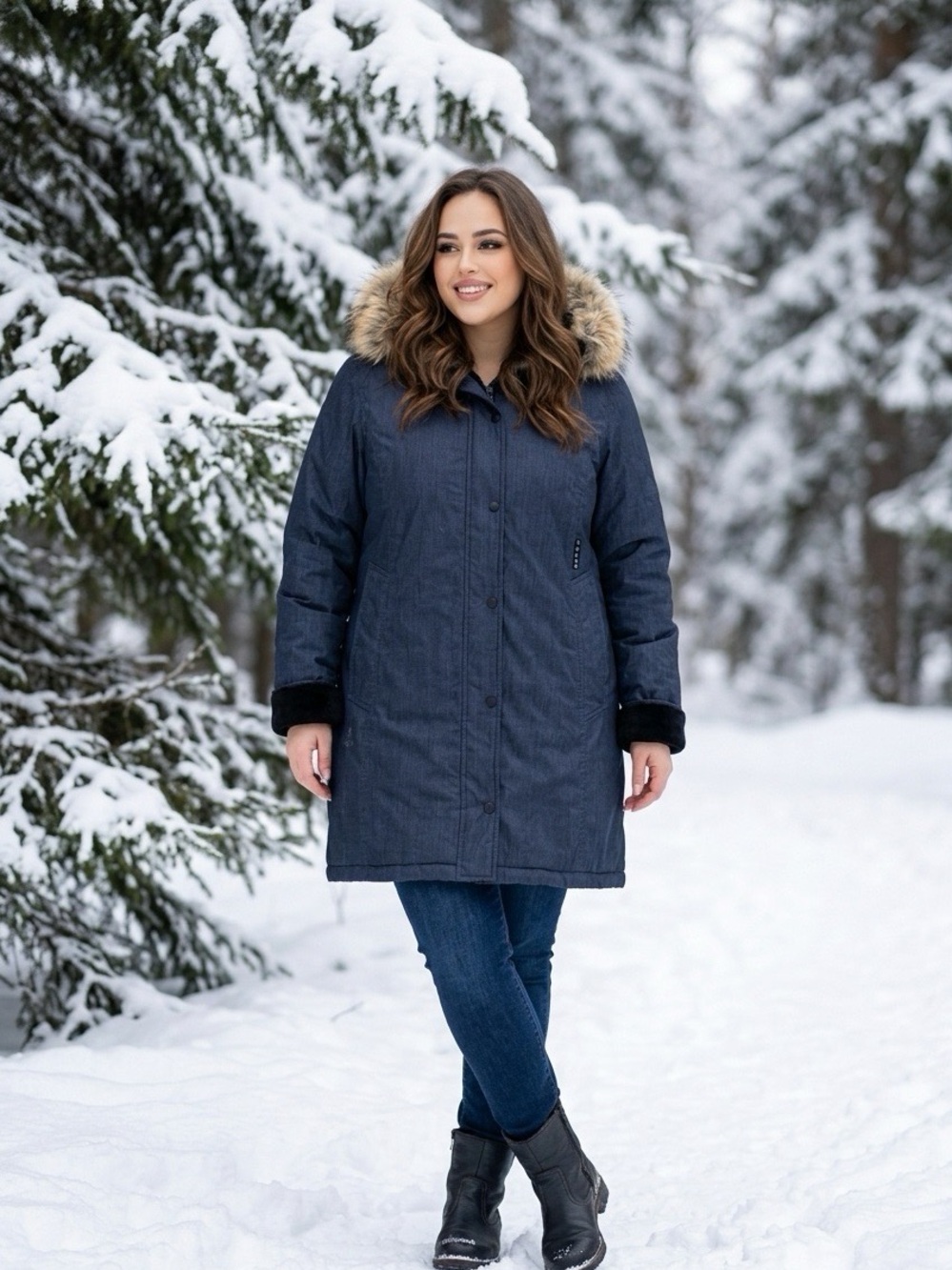 Women’s Navy Parka with Faux Fur Hood